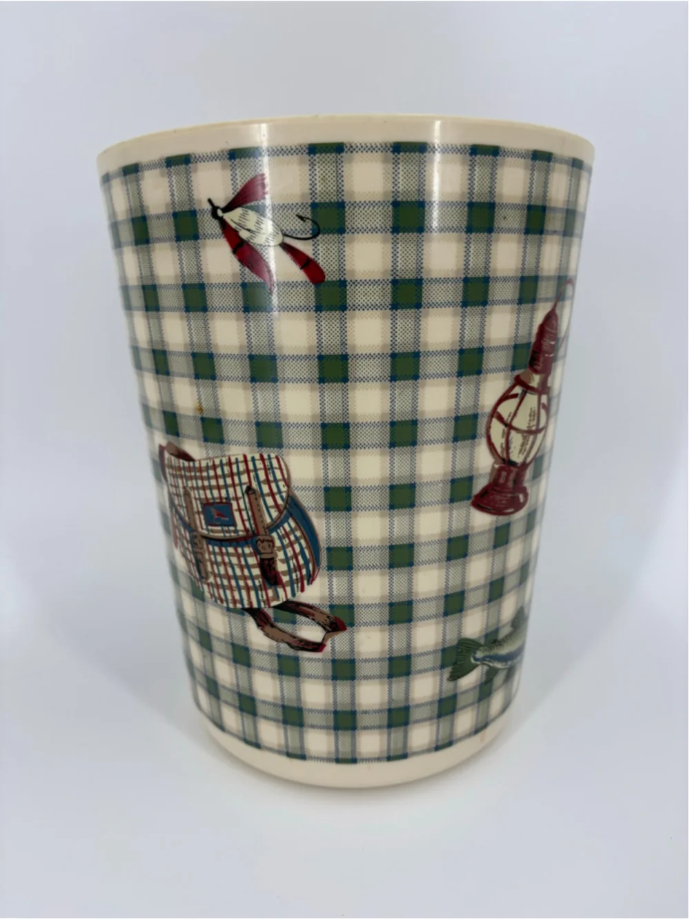 VTG Retro Rare 70s 80s Cottagecore Cabin-core Fishing Plaid Wastebasket